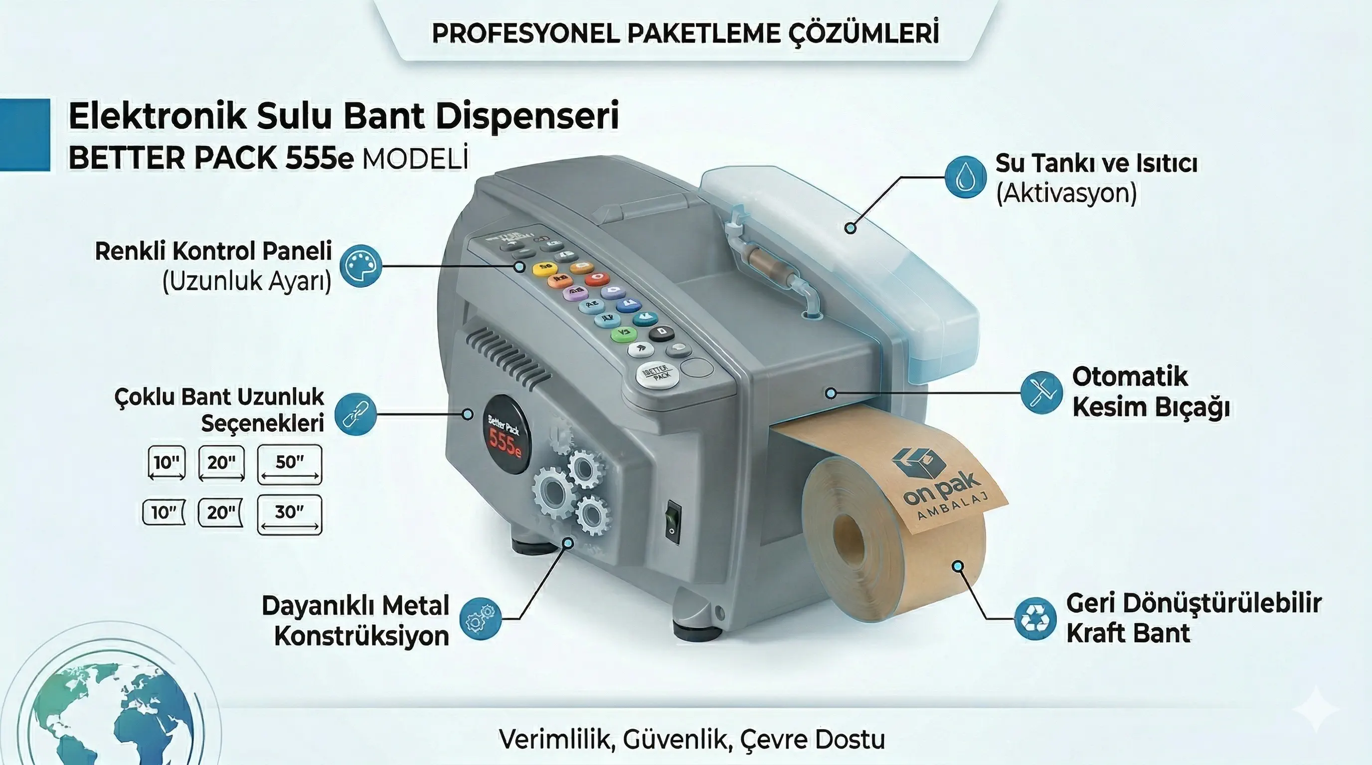 Kraft kağıt bant makinesi - farklı boyuttaki karton kolileri kapatmak için gereken uzunlukta bant çıkartan hızlı paketleme çözümü